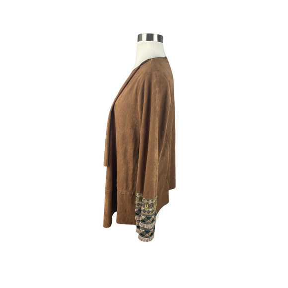 Soft Surroundings S Tan Faux Suede Open Front Sweater with Embroidery - Picture 2 of 4